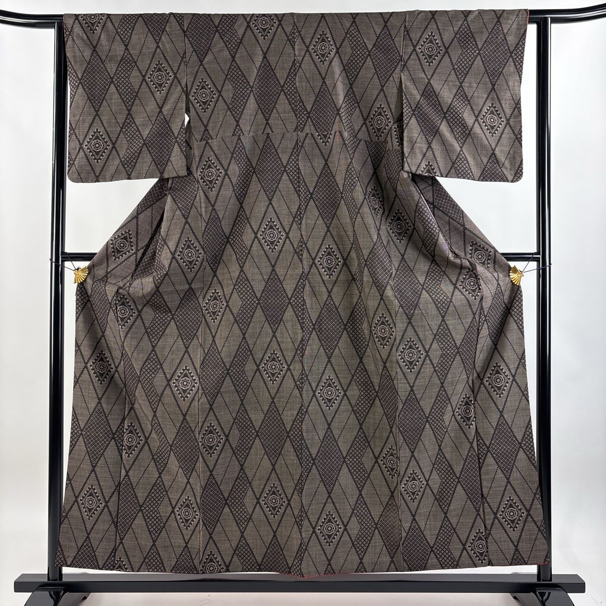 大島紬 身丈168cm 裄丈67cm M 袷 証紙 笹 竹 深緑 正絹 美品 優品 【