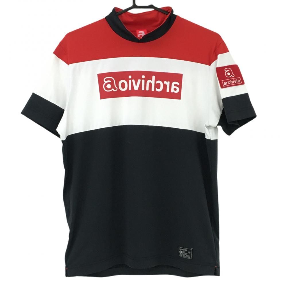 【美品】アルチビオ 半袖ハイネックシャツ レッド×白×ネイビー 切替 メンズ 46(M) ゴルフウェア archivio