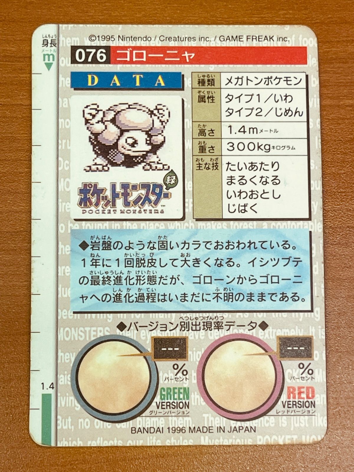 状態B ポケモン 赤版 カードダス ゴローニャ No. 076 BANDAI