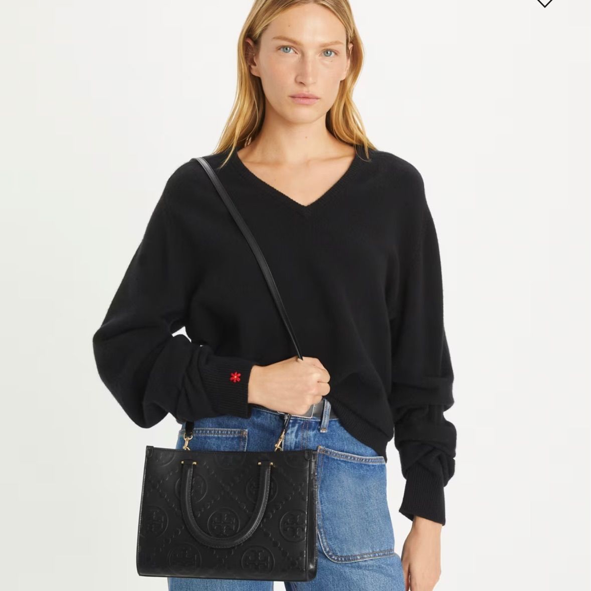 現行/ほぼ未使用✨トリーバーチ Tモノグラム トップハンドル エンボストート 黒 TORY BURCH トリーバーチ バッグ Tモノグラム トップハンドル