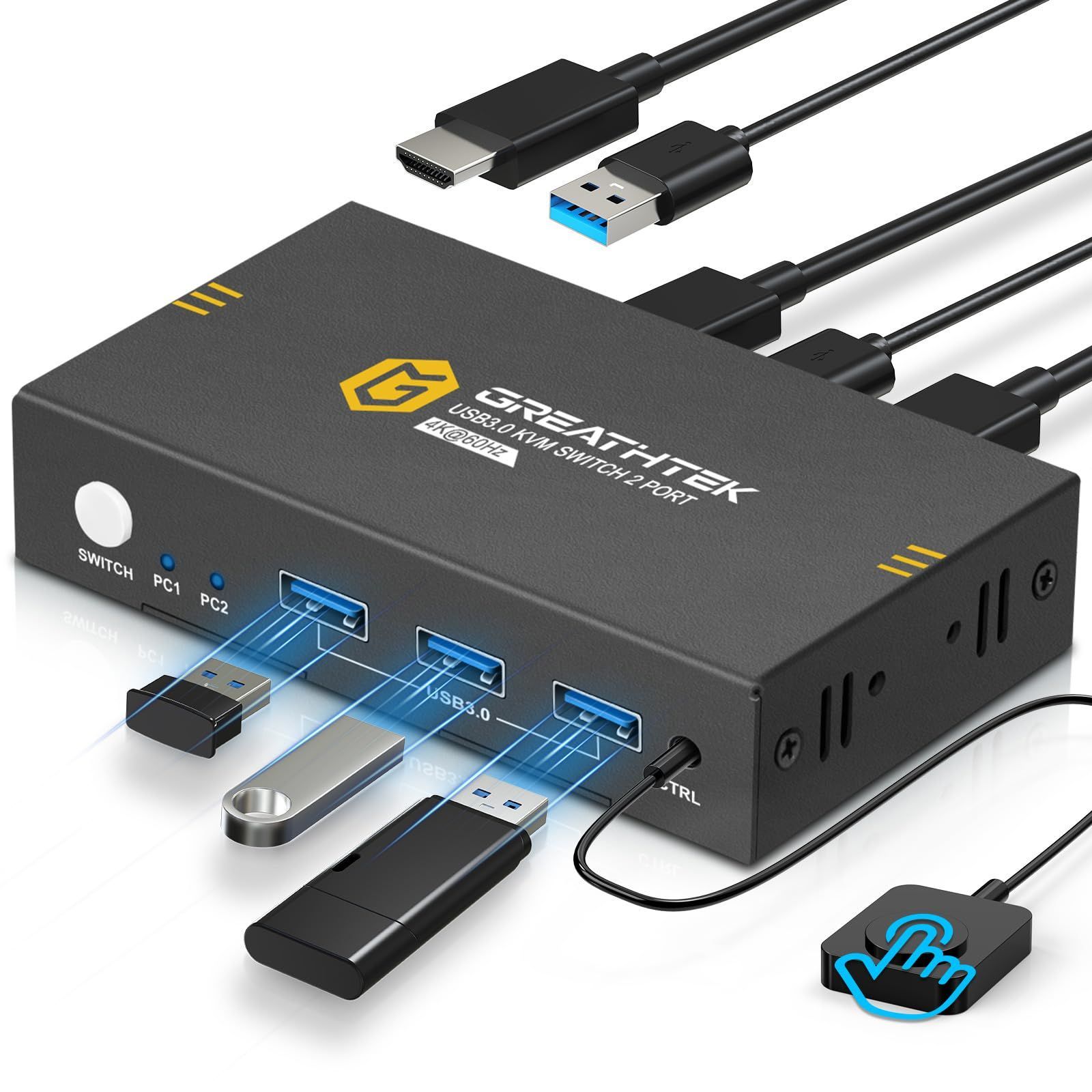 2025版 KEBENES USB3.0 KVMスイッチ 2台のPCを1台のモニターに接続 4K 60Hz解像度 HDMI KVM切替器 2入力1出力 ボタン-有線リモコン切り替え対応 仕事|会議|娯楽に最適
