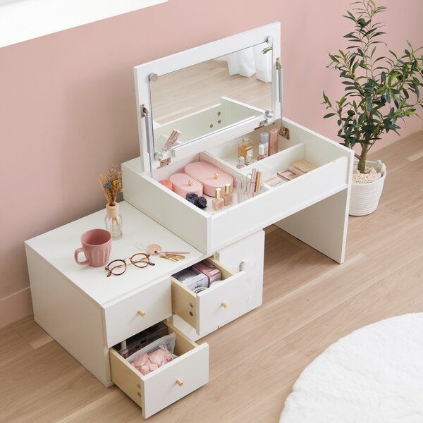 ホワイト木製ドレッサー 引き出し付き 完成品伸縮ドレッサー ホワイト