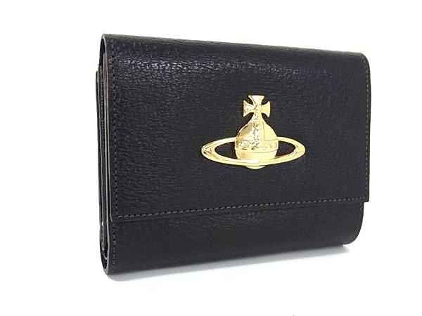 Vivienne Westwood ヴィヴィアンウエストウッド オーブ レザー がま口 三つ折り 財布 ウォレット ブラック系 FK8471