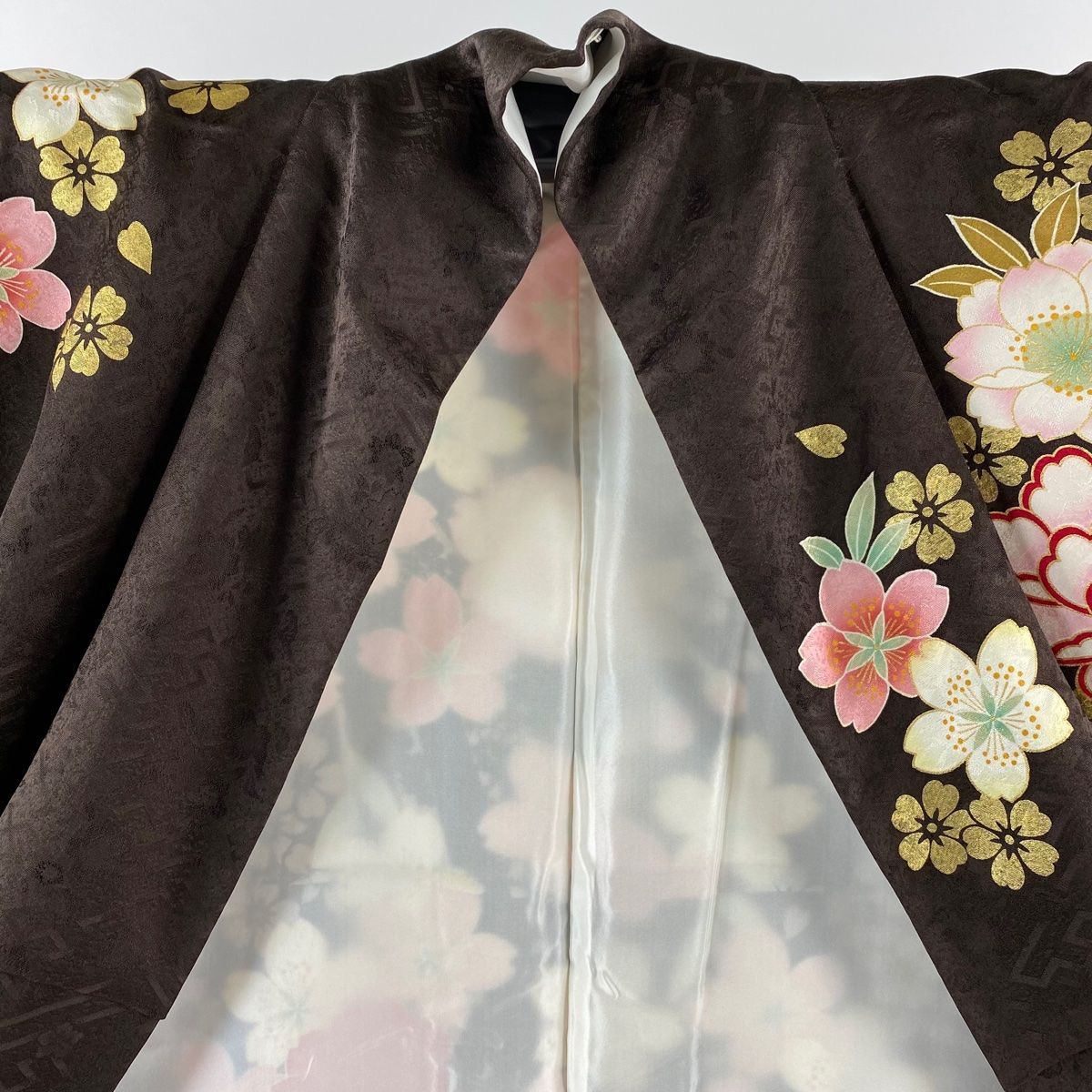 振袖 身丈176.5cm 裄丈72cm L 袷 蝶 草花 金彩 ぼかし 焦茶色 正絹  