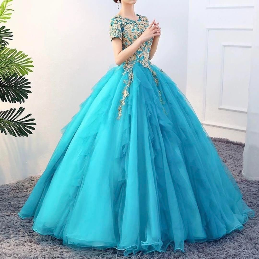 花柄のデザインが美しくゴージャスな半袖フリルイブニングドレス