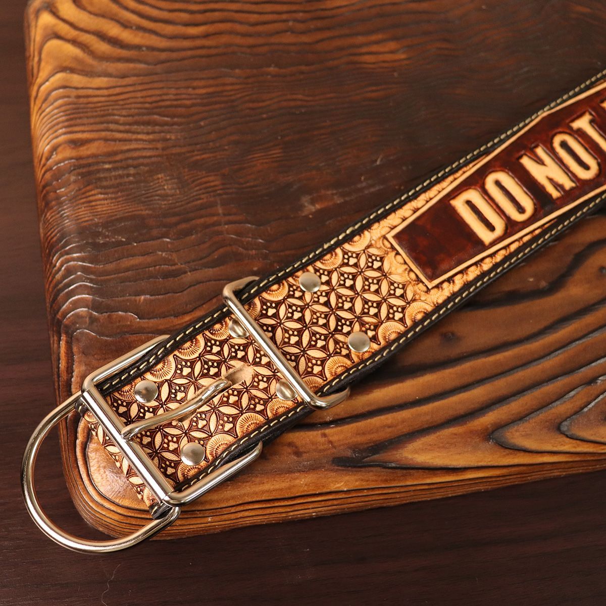 Tooled Wide Leather Collar | Carved Lettering Design (DO NOT PET 