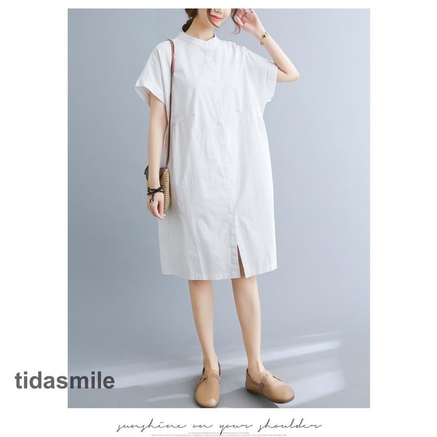 ワンピース チュニック シャツワンピース ロングシャツ 無地 半袖 レディース uネック 夏 白シャツ ホワイトシャツ 膝丈 ロング aライン 体型カバー 30代 40代