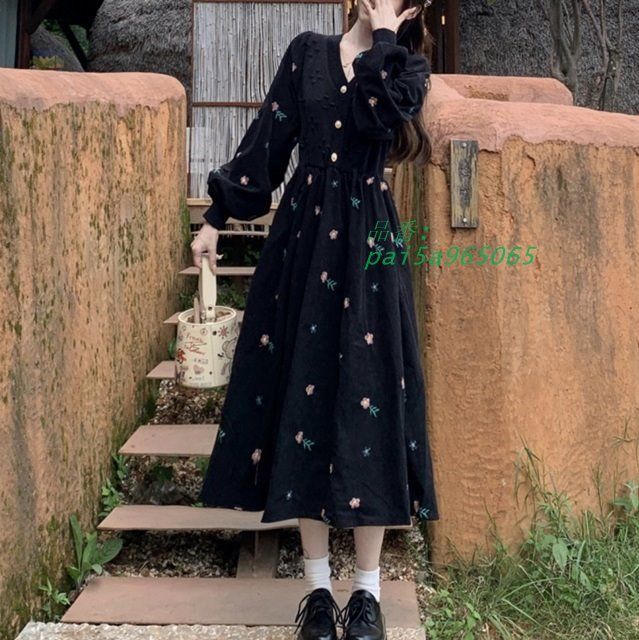 ロングワンピース 長袖 ワンピース レディース 長袖 ワンピース 秋 レディース Aラインワンピース フ ワンピース 花柄ワンピース 黒 ロングワンピース pai5a965065