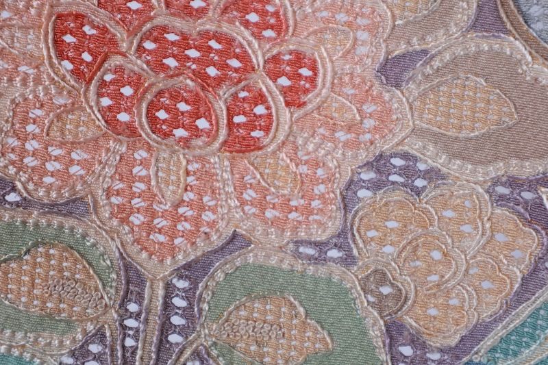訪問着 グレー 紫 グリーン ゴールド 珊瑚朱 扇面 花 青海波 汕頭刺繍