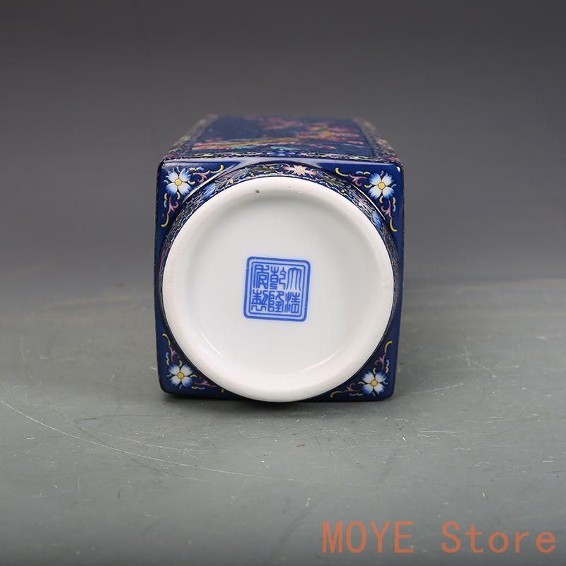 清乾隆磁器藍地琺瑯彩花鳥紋四方瓶 景徳鎮 陶磁器 装飾