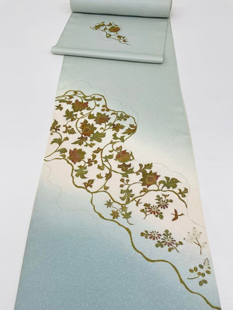 付け下げ 金彩友禅 谷口末充 紋意匠 ウォーターグリーン色 正絹 反物