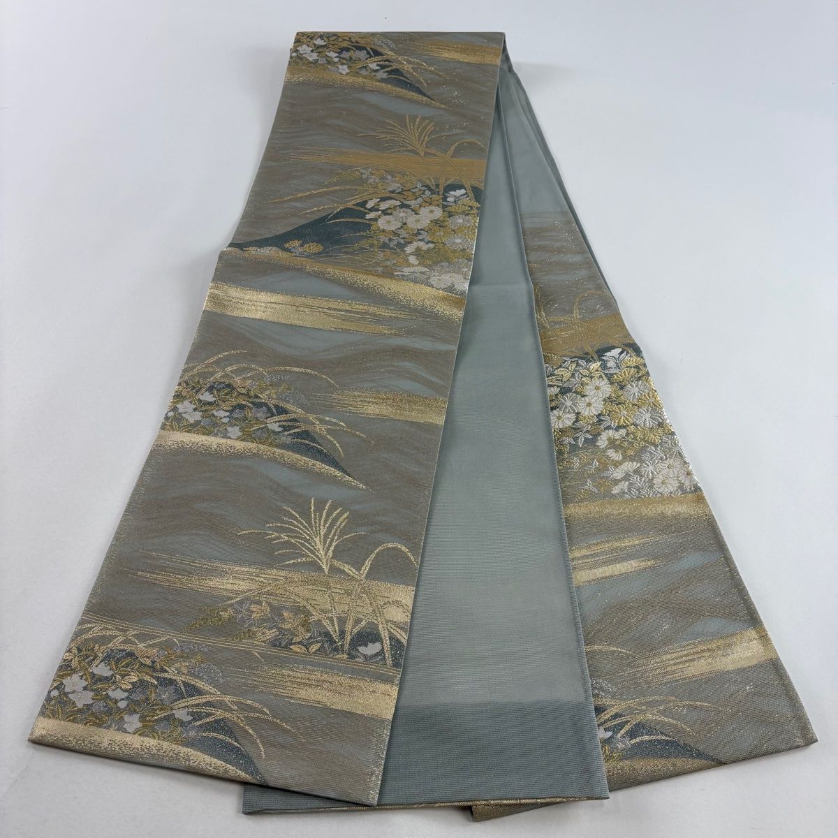 袋帯 美品 秀品 夏帯 絽 秋草 霞 箔 灰緑 六通 正絹 【中古