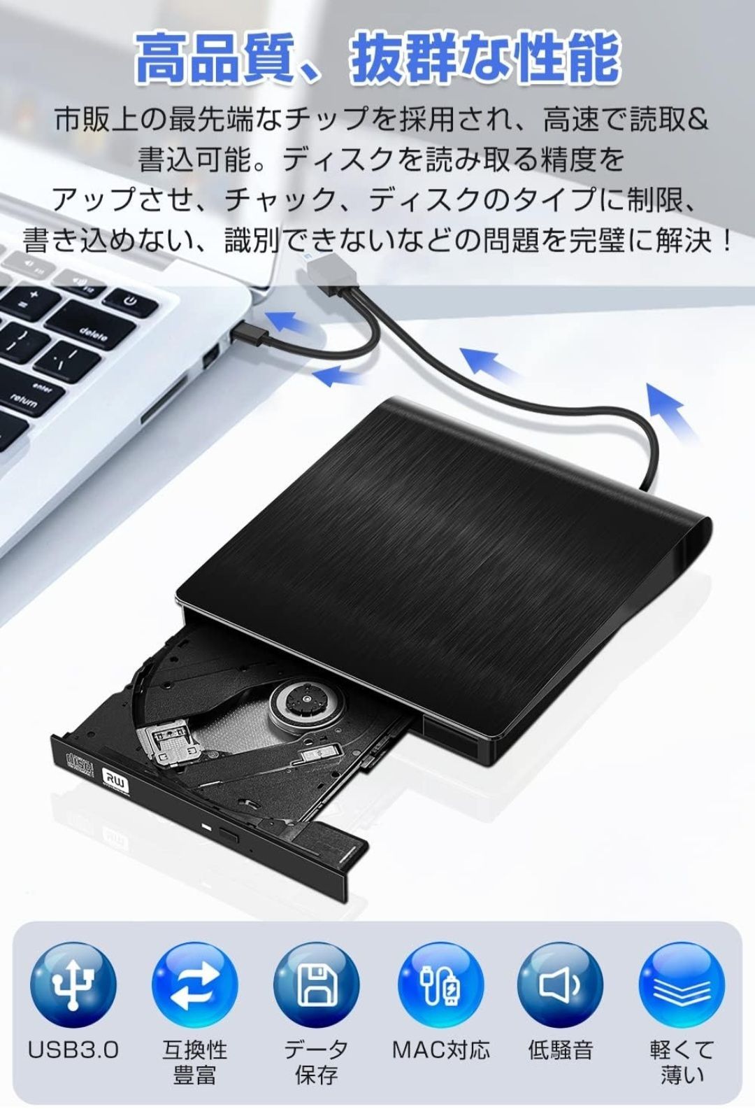 HARUKAMI CD/DVDドライブ 外付け USB3.0/Type Cポート付き CD/DVD