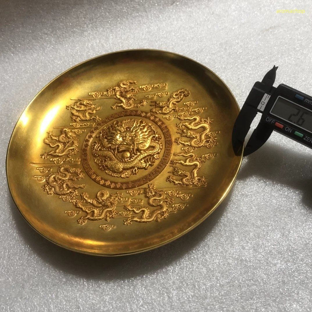 ＼半額SALE／ 珍品 旧蔵 銅塗金 古銅彫 銅製 塗金お皿 観賞皿 九竜紋図 賞物 工芸品