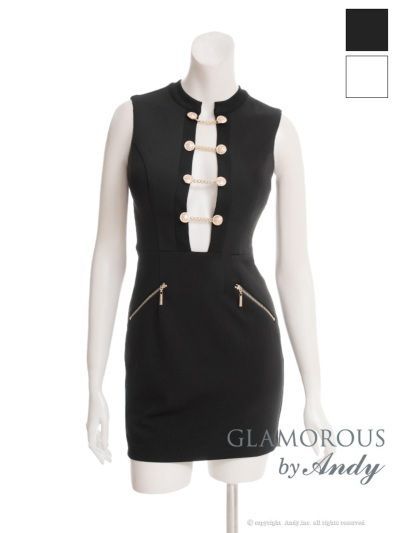 Sブラック OF05 GMS-V889-W-2409 Andy GLAMOROUS|アンディグラマラス ハイネック| カットアウト| チェーン| ボタン| ノースリーブ| シンプル| タイト| ミニドレス| キャバドレス