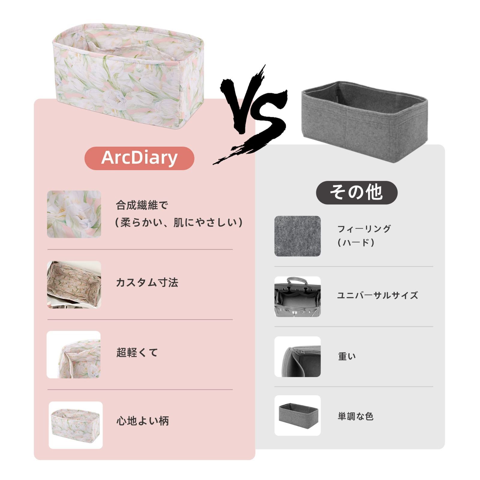 ArcDiary バッグオーガナイザー 収納バッグ バッグインバッグ トート 