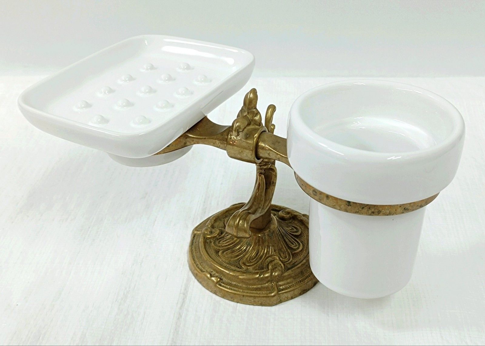 古い イタリア製 真鍮|陶器製 ソープディッシュ-タンブラー お洒落