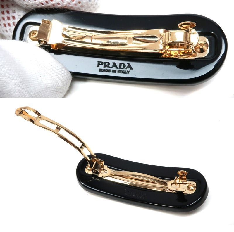 PRADA ヘアクリップ ヘアバレッタ スタッズ付き ブラック×ゴールド 未使用 プラダ 新作 現行モデル プレックス ヘアクリップ 髪留め
