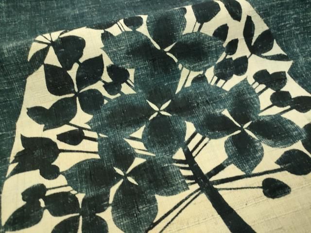 九寸名古屋帯 紬地 型絵染め 正絹 横段 花文 作家落款 美品 イ5589 創業セール】 【型染女性作家 岡田その子】 特選型絵染紬地九寸