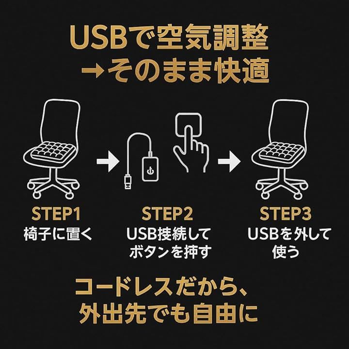 S-NET SACLE スマートエアクッション USB 電源式 腰 座布団 オフィスチェア ドライブ ポータブル 飛行機 軽量 レジャー SAC-AC-B1 ブラック ミドル MARWIL-DEMENAGEMENTS_CH