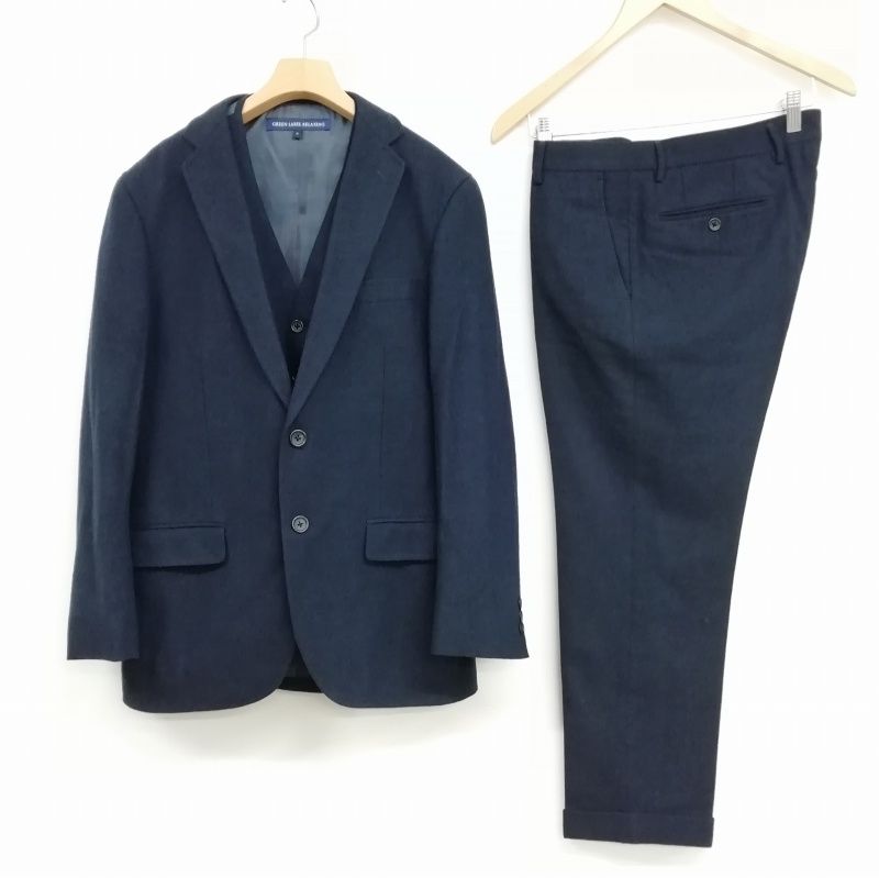グリーンレーベルリラクシング ユナイテッドアローズ green label relaxing 3ピース シングル スーツ セットアップ ジレ ジャケット スラックス M ネイビー