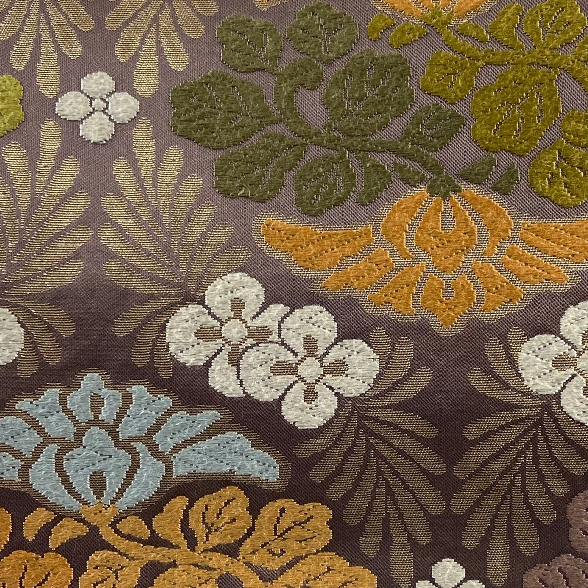 袋帯 美しい花 唐織 抹茶色 正絹 AO-4247 袋帯 名品 草花 唐織 箔 小豆色 六通 正絹 【中古】 - メルカリ