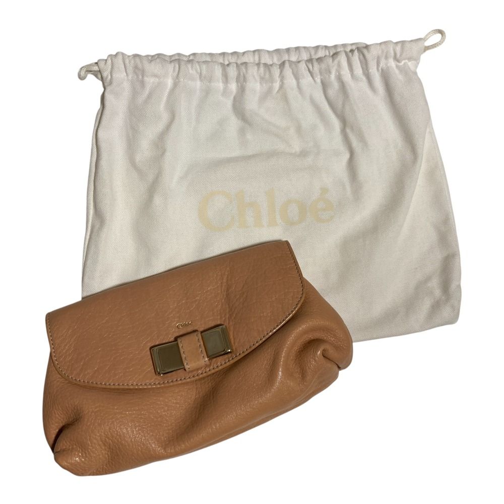 美品 Chloe クロエ リリィ リボン フラップ レザーポーチ 小物入れ 