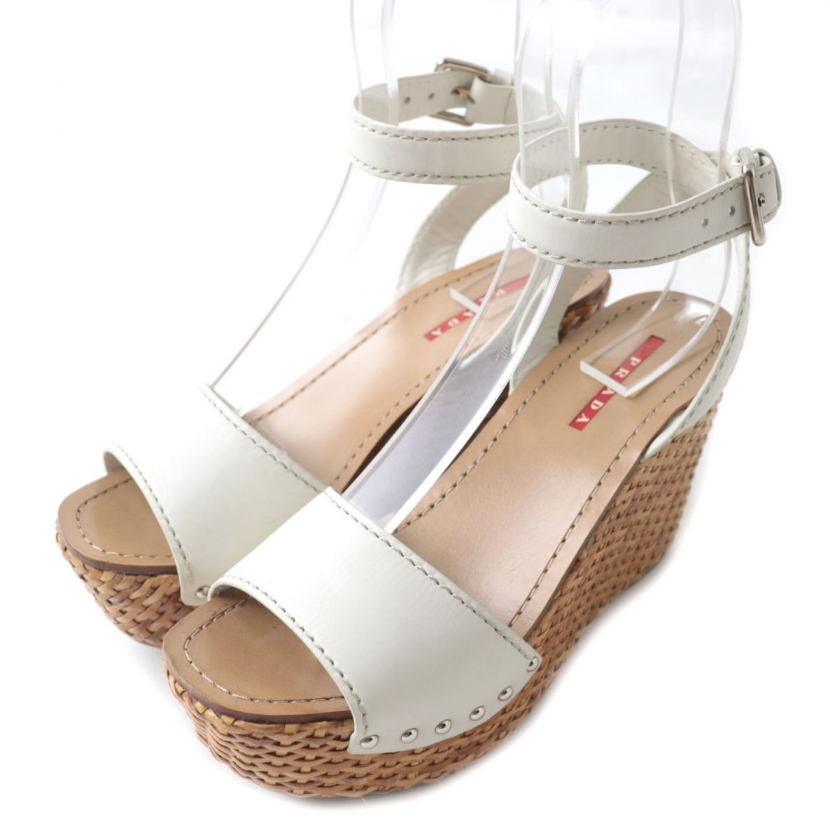 極美品☆PRADA プラダ 3XZ175 アンクルレザーベルト ウェッジソール  