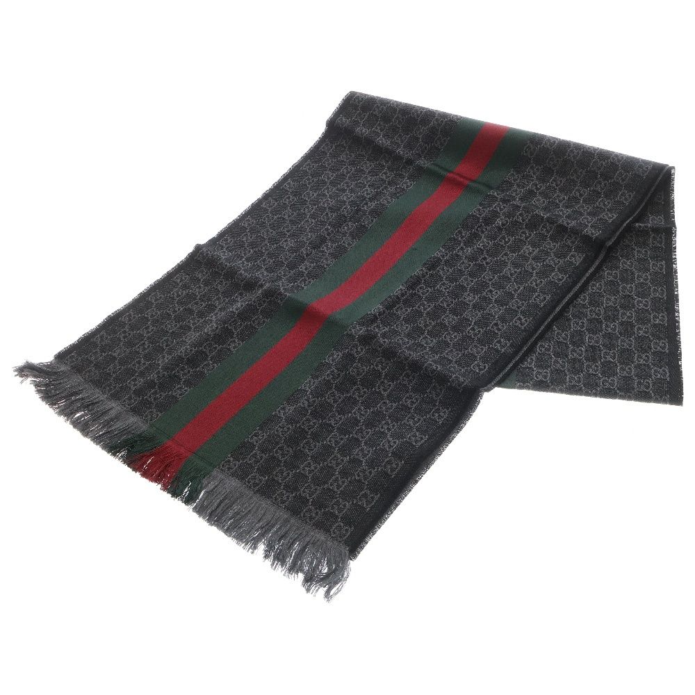 GUCCI マフラー ストール GG柄 シェリーライン シルク 黒 GUCCI (グッチ) シェリーライン GG総柄 シルク混 ウールマフラー