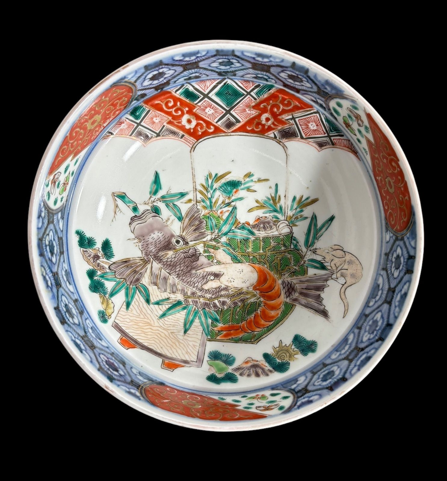 伊万里 中鉢 [鯉 海老 松竹紋絵] 色絵 丸皿 取り皿 飾り皿 鉢 和