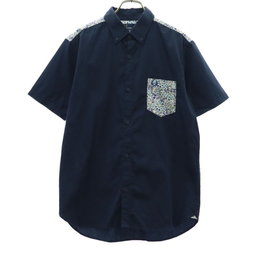 フレッドペリー 花柄 半袖 コットン ボタンダウンシャツ L ネイビー FRED PERRY 切替 メンズ 古着 【240512】 メール便可