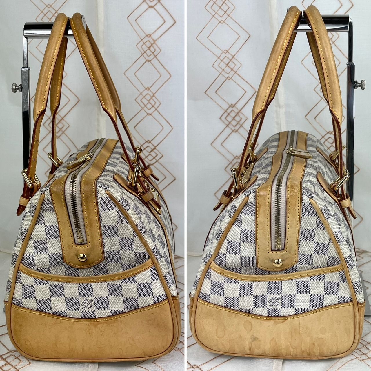 ☆良品☆ LOUIS VUITTON ルイヴィトン ハンドバッグ ダミエ バークレー N52001 アズール ダミエアズール キャンバス プレート  PVC レザー ホワイト ベージュ レディース B-102