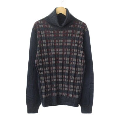 コムサメン COMME CA MEN セーター ニット タートルネック チェック ウール M 紺 ネイビー