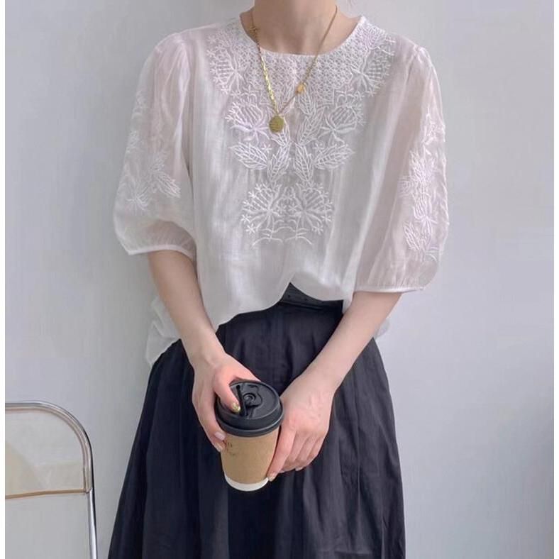 ブラウス レディース 半袖ブラウス 春夏 オフィスブラウス レース刺繍 オシャレブラウス パフスリーブトップス 韓国風 大人 上品 通勤OL ゆったりtシャツ 40代 ブラウス レディース 40代 春夏 オシャレブラウス レースシャツ