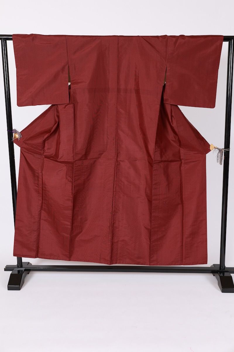 大島紬アンサンブル 赤 黒 格子 B631