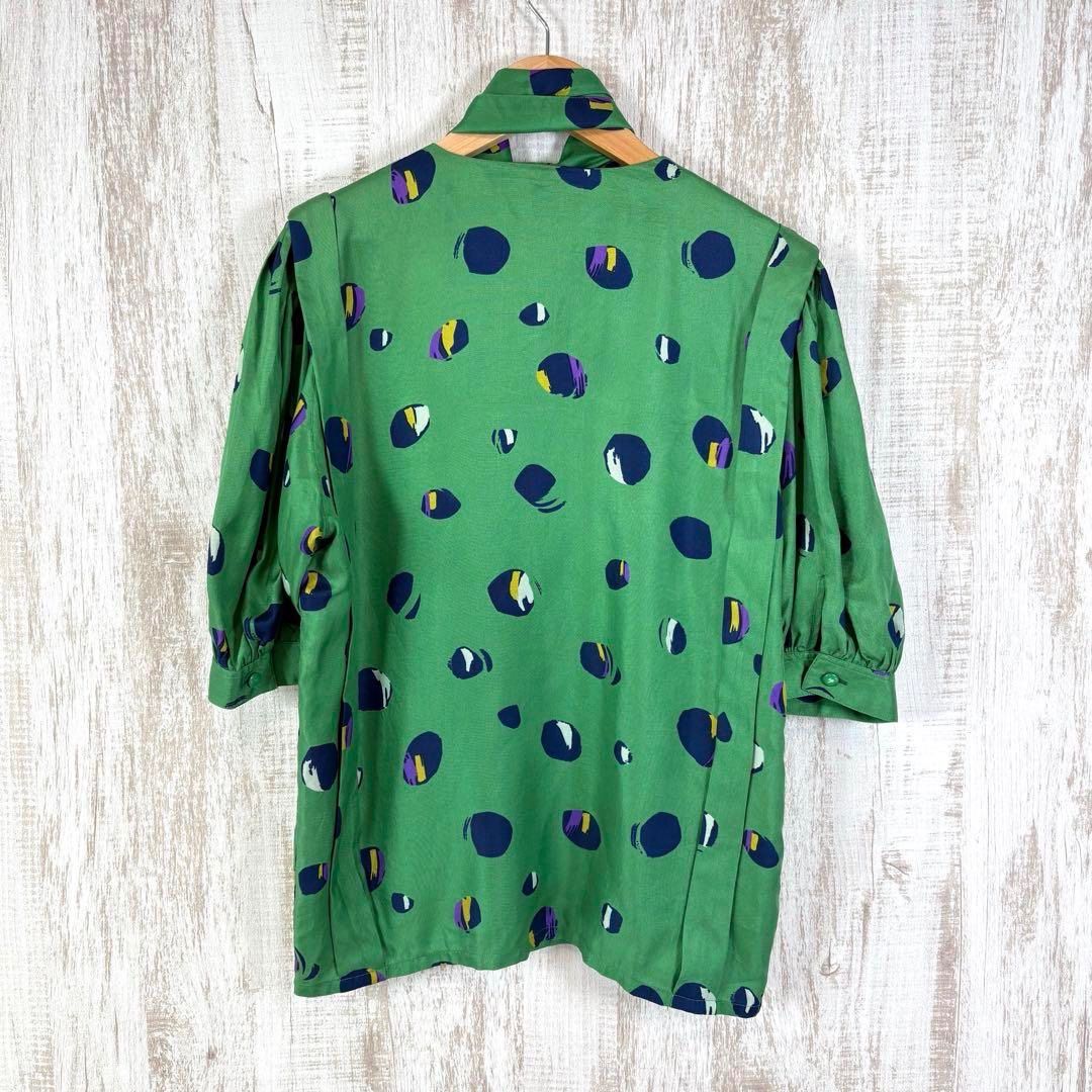 Christian Dior クリスチャンディオール 水玉 総柄 ボウタイ シルク パフスリーブ 5分袖 ブラウス グリーン 緑