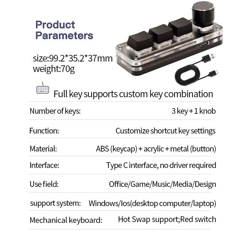 3キー ミニ キーボード 片手 赤軸 ボリューム コントローラー マクロ