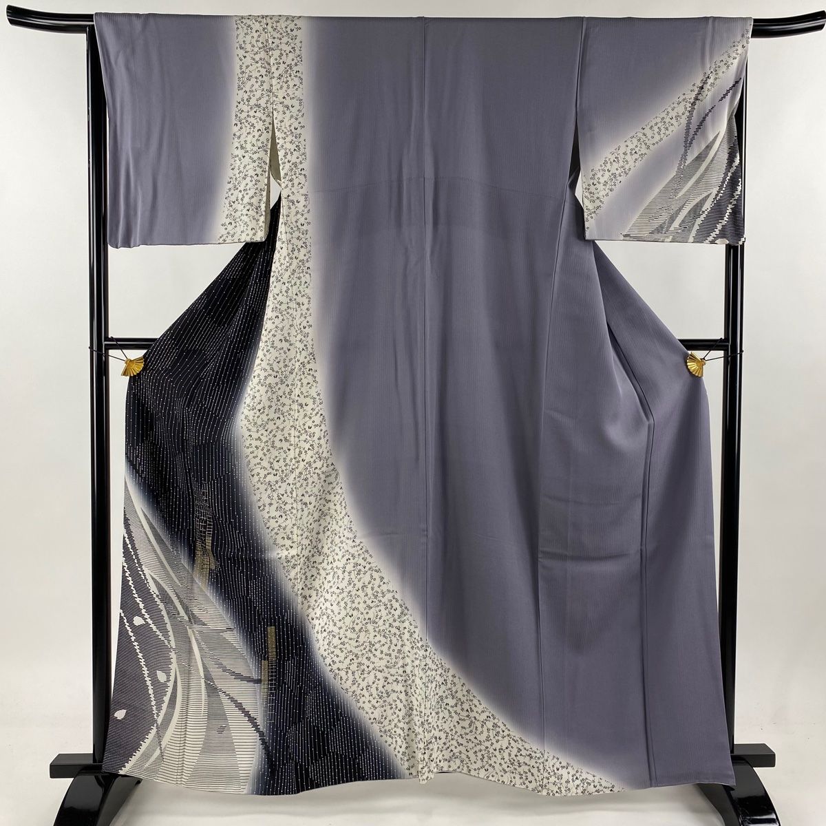 訪問着 身丈162.5cm 裄丈66cm M 袷 花びら 幾何学 金彩 ぼかし 濃紺  