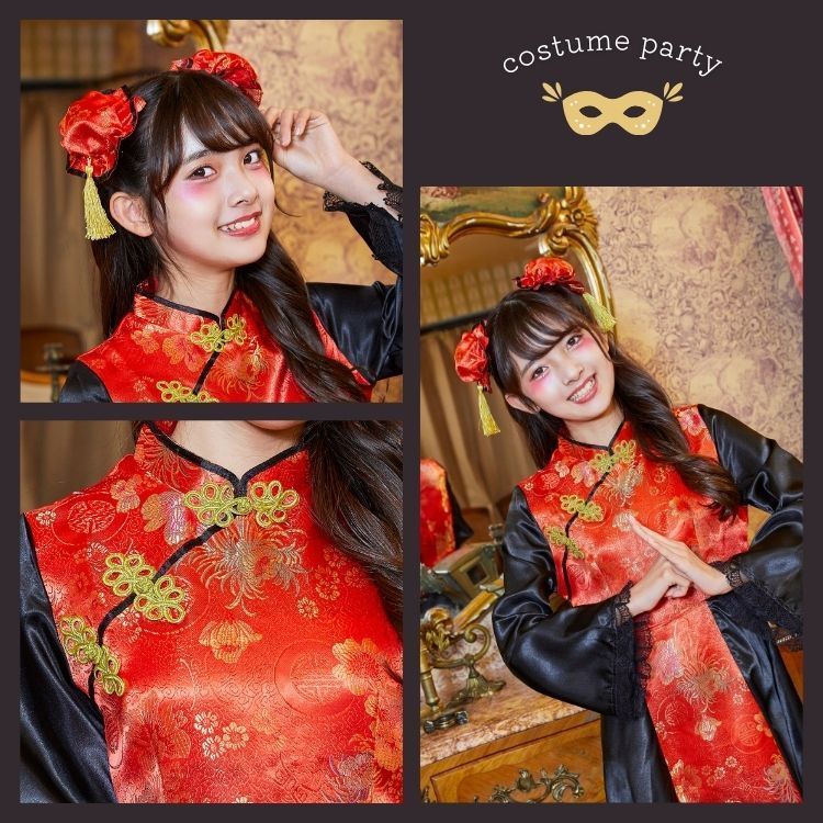 COSCHU ジュニア チャイニー チャイナ レッド×5個セット チャイナドレス チャイナ服 中国 仮装 コスプレ コスチューム ハロウィン 衣装 仮装 女の子 小学生 高学年 中学年 150