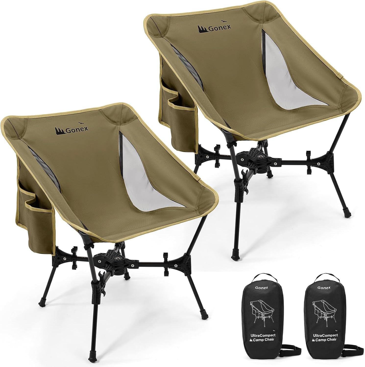 Gonex アウトドアチェア コンパクトな収納 20 秒迅速なインストール キャンプチェア 1500g 超軽量 耐荷重 150kg 折りたたみ式 より安定 ハイキング 釣り 登山 ドリンクホルダーと収納袋付き カーキ-2 個セット