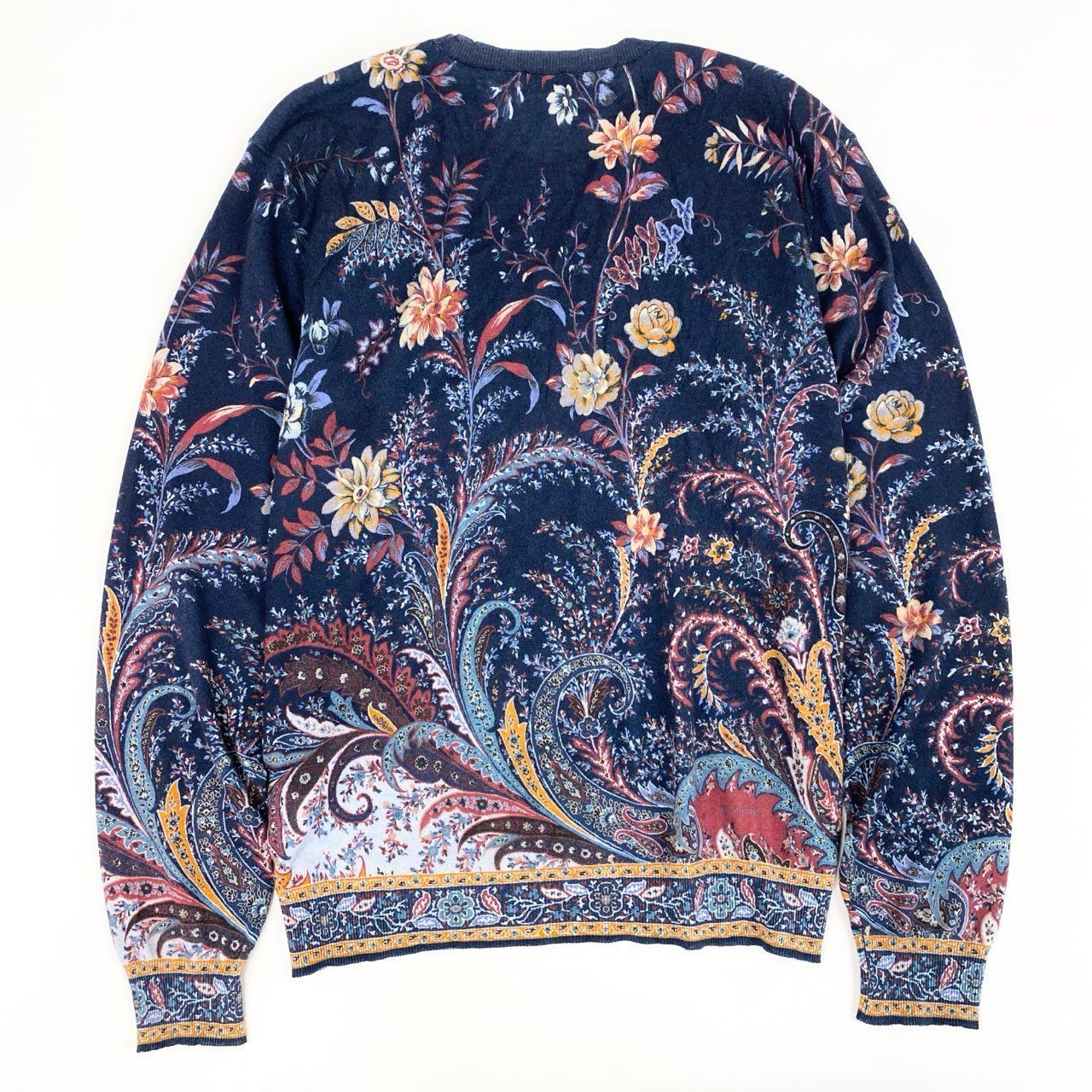 82d4 ETRO エトロ カシミヤ フラワーニットトップ L ネイビー 薄手 