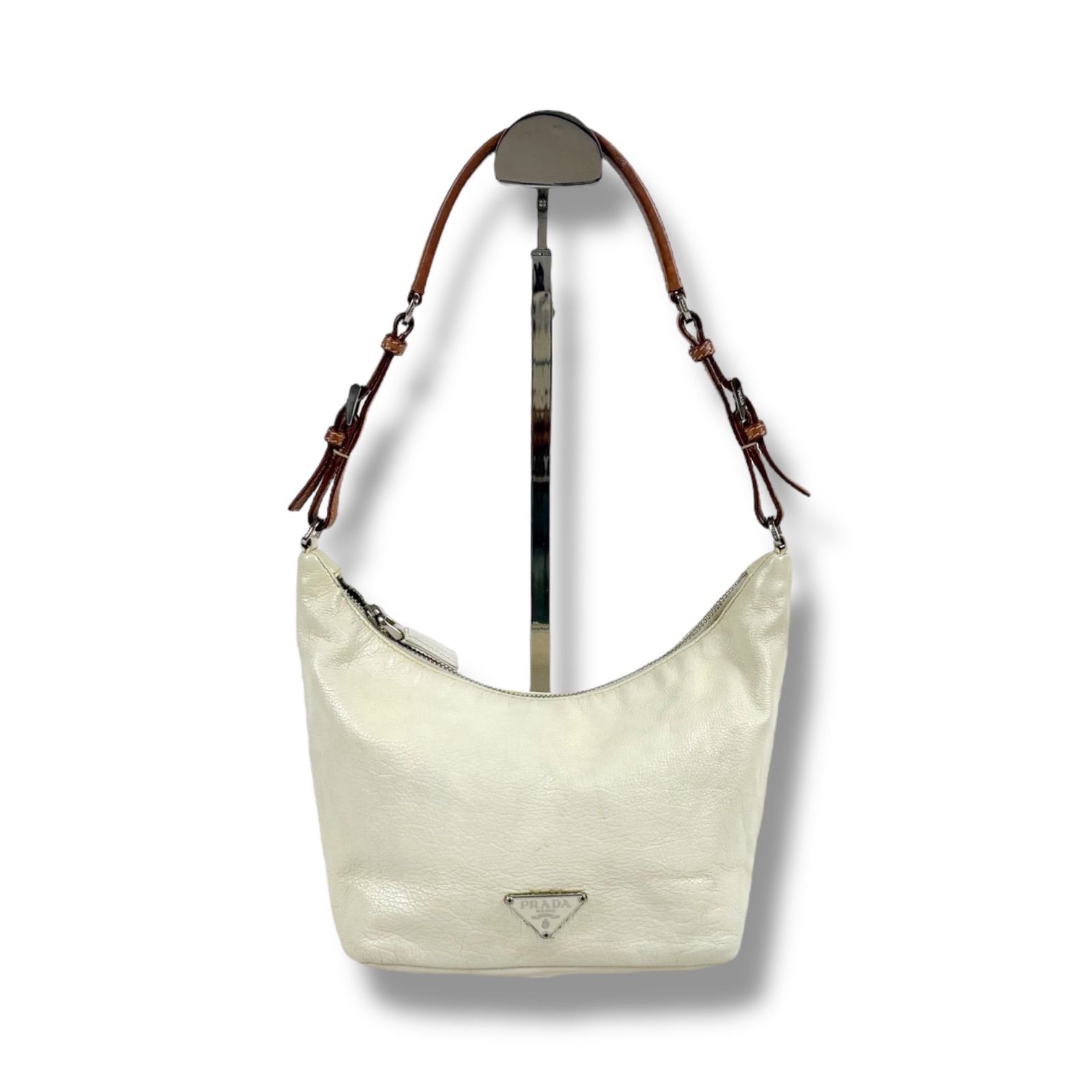 PRADA Triangle Logo Leather Mini Handbag White Ivory  display picture 3