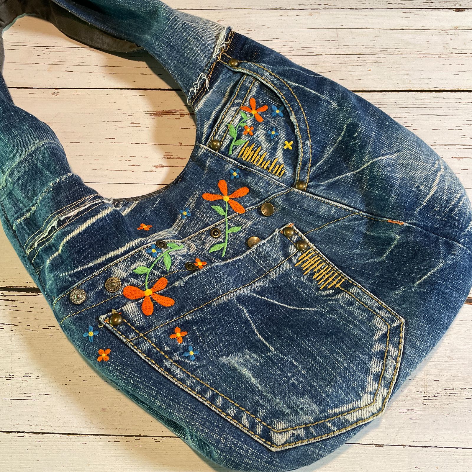 デニムリメイク花刺繍大人可愛いショルダートートバッグbag-0024