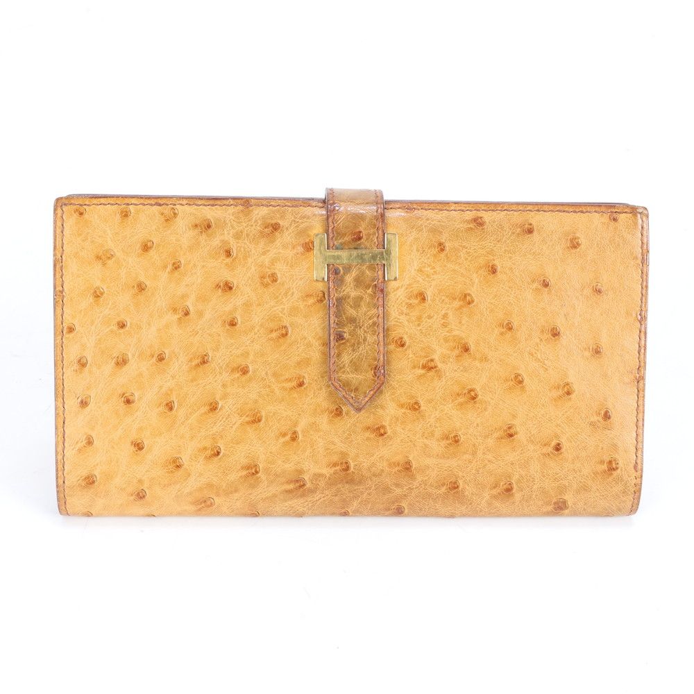 美品 エルメス ベアン クラシック 〇Y 刻印 オーストリッチ レザー 長  