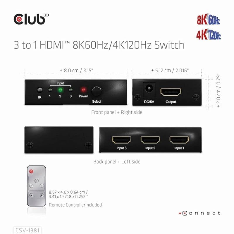 Club3D HDMI 8K60Hz 4K120Hz 3入力1出力 切替器 スイッチボックス Switch Box リモコン付き CSV-1381 0 SKLAD-KIRPICHA_RU