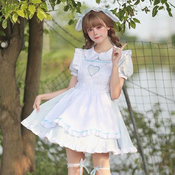 メイド服 レディースコスプレ衣装 Lolita ワンピース 萌え萌え ロリータドレス ウェイトレス メイド クリスマス フルセット カチューシャ ロリータ風ワンピ 可愛