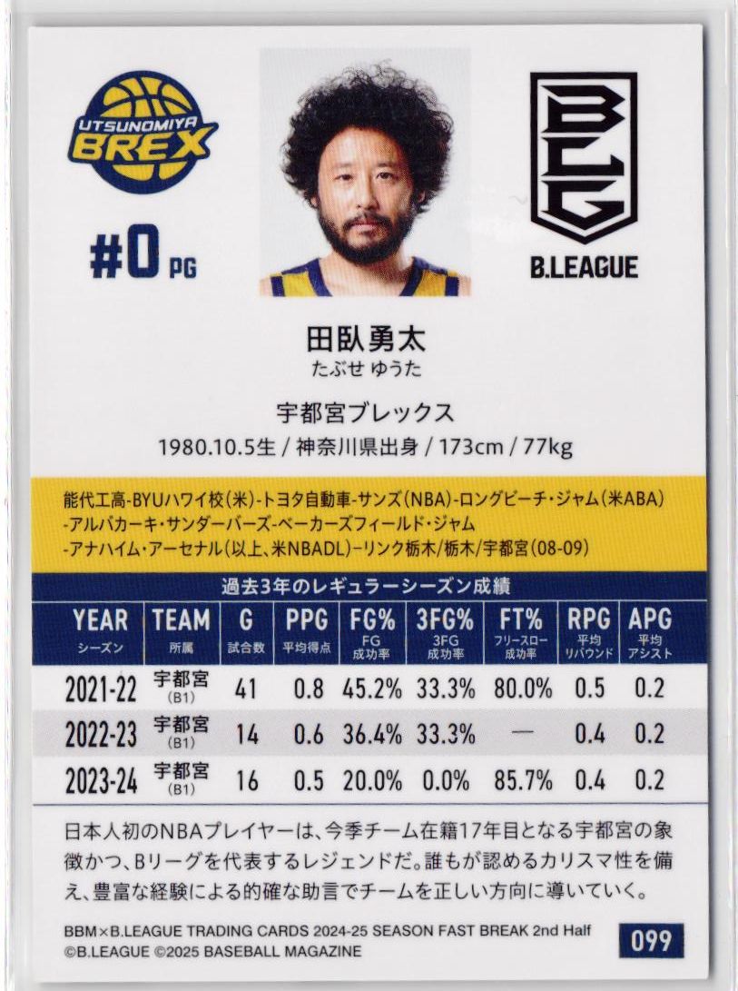 099 田臥勇太 宇都宮ブレックス レギュラーカード BBM × B