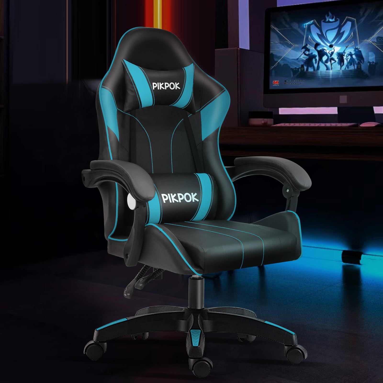 ゲーミングチェア リクライニング ハイバック ヘッドレスト-ランバーサポート付き 高さ調整 PikPok PUレザー 黒と青