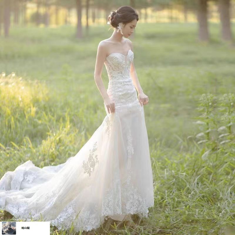 2025 一字肩レースマーメイドドレス 小トレーン花嫁用 フランス風 上品旅撮ウェディング XS～3XL