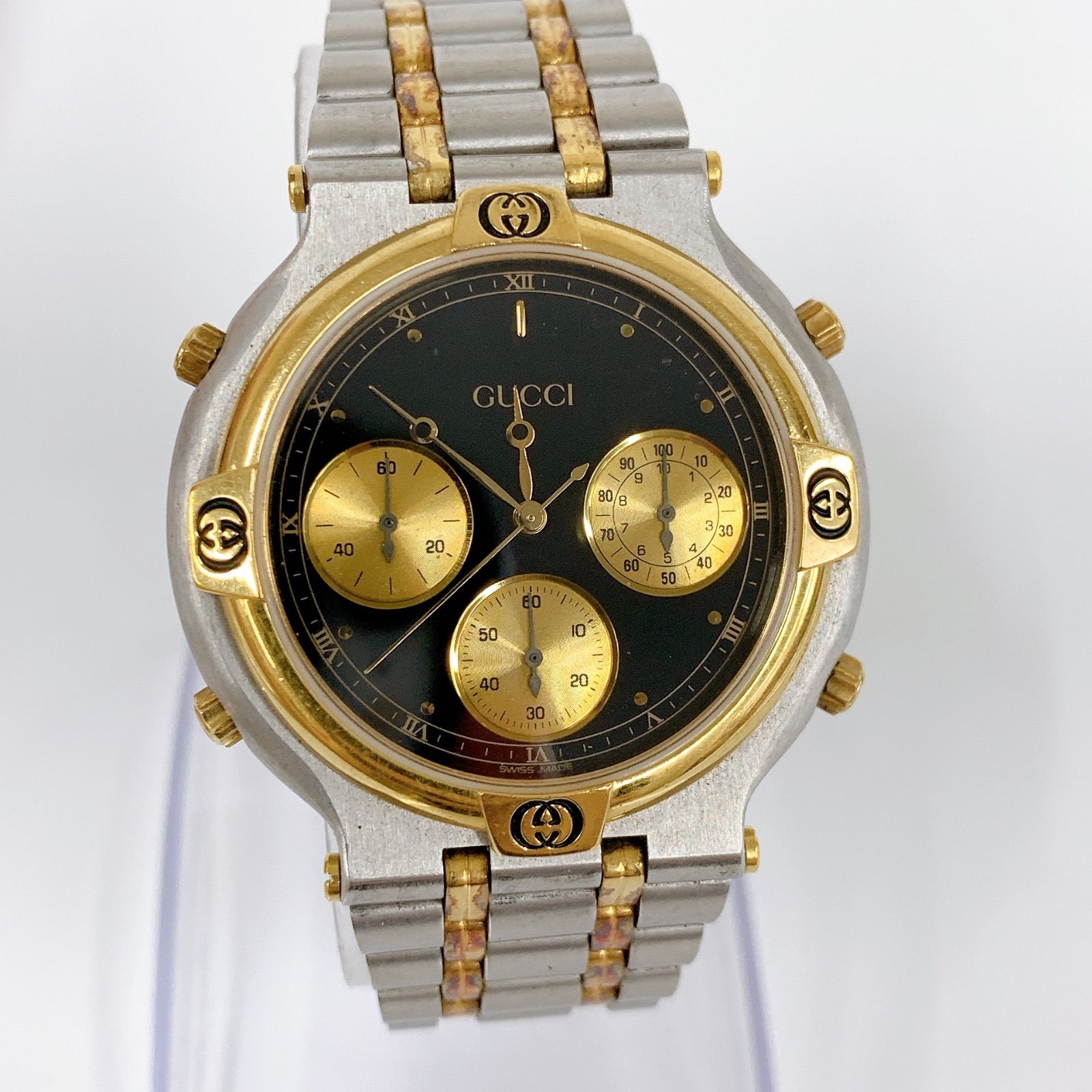 ＆ GUCCI グッチ 不動 ラウンドフェイスGG クロノグラフ 黒文字盤 9400  